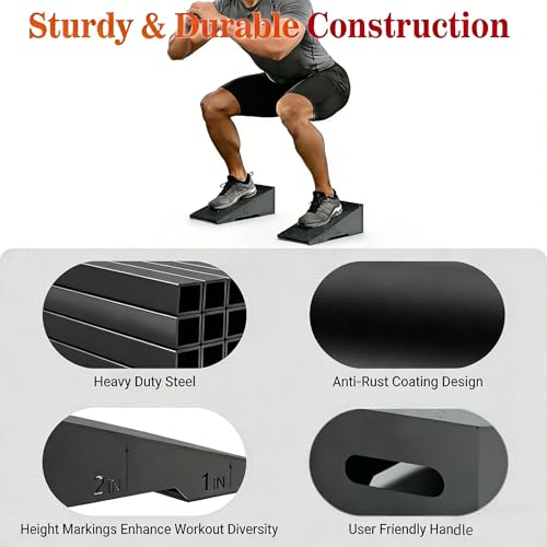 Steel Squat Wedge, 2 Pcs 800 lbs Max Capacity Block for Deeper Squat | 16° Ergonomic Heel Elevation; Non-Slip Feet; Anti-Slip Textured Top; Easy to Carry; Weightlifting; Foot Stretches; Home Gym