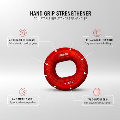 Adjustable Hand Grip Strengthener with TPE Handles for Forearm, Finger & Wrist Training - Portable Fitness Tool - color: Red