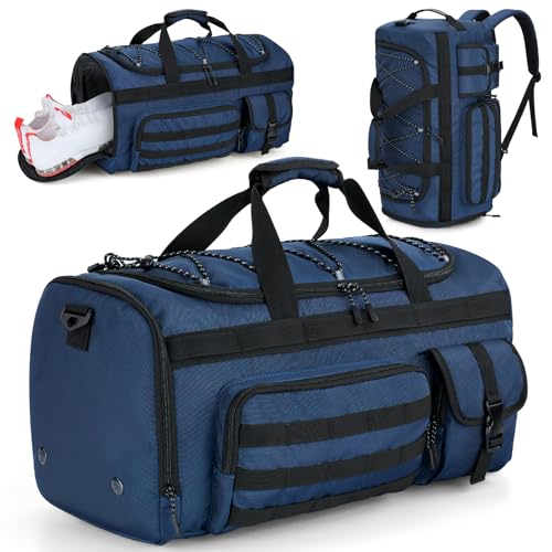Gonex 45L Duffel Bag for Men, 3 in 1 Convertible Carry Gym Duffle with Shoe Compartment, Tactical Gear Loops, Water-Repellent Lining, Workout & Travel Bag (Dark Blue) | Shoe compartment, Tactical gear loops, Water-repellent lining, 5 zip pockets, Weekend