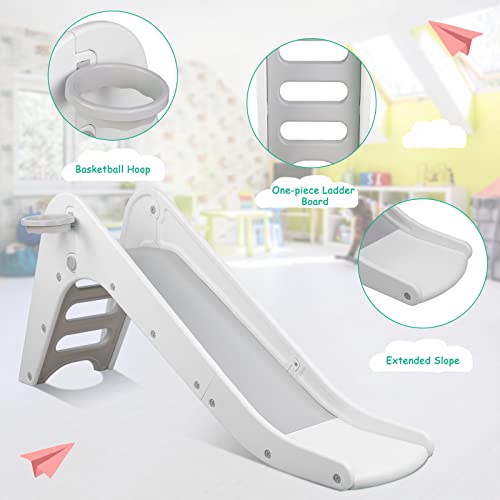 Toddler Indoor Slide, Foldable Baby Climber Playset with Basketball & Hoop | 63 in Extra Long Slope, Non-Slip Steps, Sturdy Plastic, Outdoor Playground for Backyard, Home & Playroom Use, Grey White - color: Grey White