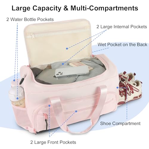 Gym Bag for Men Women, Sports Duffle Bag with Wet Pocket & Shoes Compartment, Water Resistant Overnight Weekender Bag Duffel Bag - color: Pink
