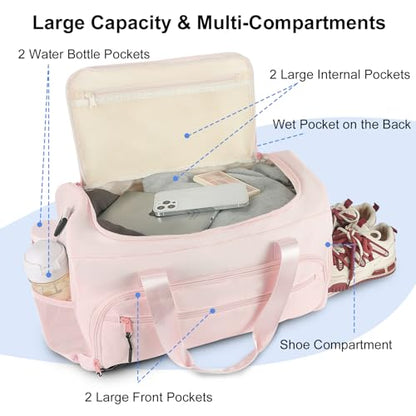 Gym Bag for Men Women, Sports Duffle Bag with Wet Pocket & Shoes Compartment, Water Resistant Overnight Weekender Bag Duffel Bag - color: Pink