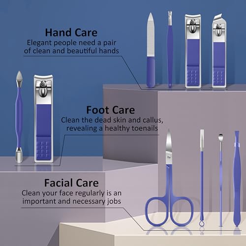 BLESWIN Manicure Set, 10 in 1 Professional Manicure and Pedicure Kit, Nail Care Kit for Women, Mens Nail Grooming Kit, Portable Nail Clipper Set Blue Leather Case for Travel Home - color: 2-Blue