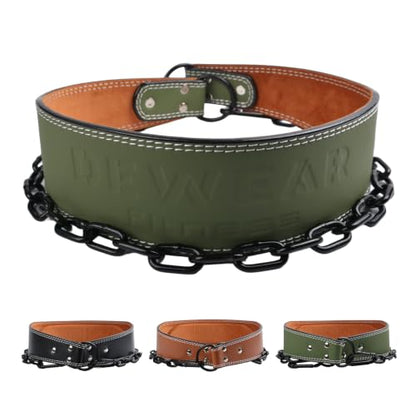 Heavy-Duty Leather Weightlifting Dip Belt with Steel Chain—Weightlifting, Squats, Deadlifts, Weighted pull-ups, Push-ups and Progressive Resistance Training - color: Military Green