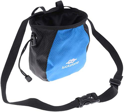 Chalk Bag Storage Pouch for Rock Climbing Gym with Drawstring and Adjustable Waist Belt * Black and blue -
