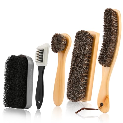 5pcs Horsehair Shoe Brush Premium Shoe Polish Brush, Horsehair Felt Hat Brush Kit with Cleaning Sponge，Boot Brush Multipurpose Horse Hair Brush for Leather Suede Shoes Felt Hat Furniture