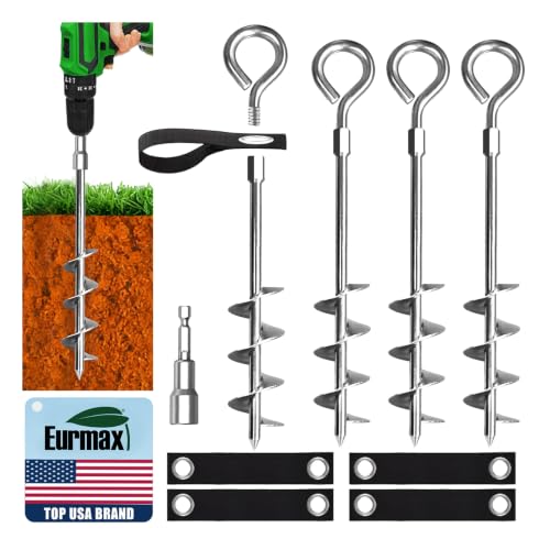 Eurmax USA 4 Pack Heavy Duty Ground Stakes&Anchors,Commercial Spiral Screw-in Trampoline Stakes with Reinforced Tie-Down Straps,High Wind Stabilizing Kit for Canopies,Outdoor Sheds,Swing Sets(Silver) - color: Silver, style: Round Head