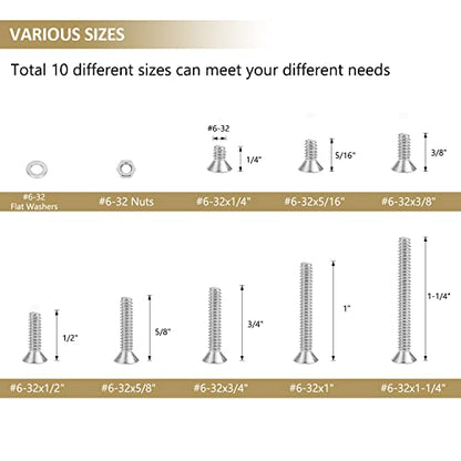 252 Pieces #6-32 x 1/4", 5/16", 3/8", 1/2", 5/8", 3/4", 1", 1-1/4", Countersunk Head Socket Cap Screws Nuts Washers Assortment Kit, 304 Stainless Steel, Fully Machine Thread - size: #6-32, style: Countersunk Head