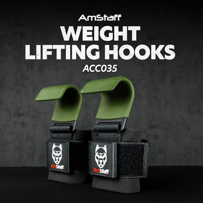 AmStaff Fitness Weight Lifting Hooks (Pair) - Gym Wrist Straps with Steel Hooks for Weightlifting, Pull-Ups, Deadlifts, Strength Training, and Fitness Workouts - Adjustable Neoprene Wrist Support - color: Green