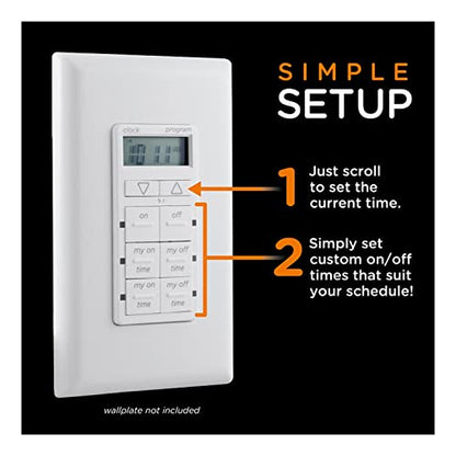 myTouchSmart In-Wall Digital Timer, 4 Programmable On/Off Buttons, 2 Easy On/Off Buttons, 24 Hour Daily Cycles, Blue LED Indicators, with Battery Backup, for Indoor/Outdoor Lights, Fans, 26893 | Manual Override, LED Indicators, Battery Backup Maintains Se