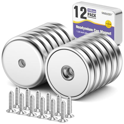 VNDUEEY 12 Pack 100LBS Magnets with Holes, Strong Rare Earth Magnets Neodymium Cup Magnet with Stainless Screws for Wall Mounting Round Disc Magnet for Holding Tools Kitchen Office Workplace DIY Craft - size: 12 Pack 100LBS