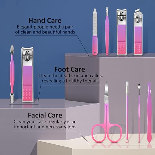 BLESWIN 10 in 1 Manicure Pedicure Kit, Manicure Kit for Women Professional, Mens Nail Grooming Kit, Manicure Tools Gift for Luxury Leather Travel Case for Family Friends (Pink & Purple) - color: 5-Gradient Pink & Purple