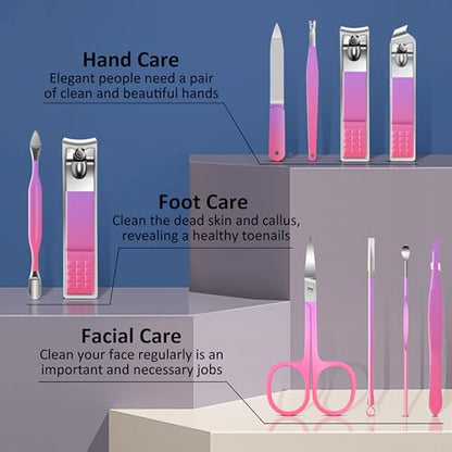 BLESWIN 10 in 1 Manicure Pedicure Kit, Manicure Kit for Women Professional, Mens Nail Grooming Kit, Manicure Tools Gift for Luxury Leather Travel Case for Family Friends (Pink & Purple) - color: 5-Gradient Pink & Purple