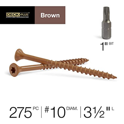 Deck Plus Deck Screws, #10 x 3-1/2in, 365 Pieces, Brown | Epoxy-coated steel, star drive with T25 bit, self-drilling coarse thread for decking, fencing, and treated lumber - color: Brown, size: #10 x 3-1/2", style: 275 pcs
