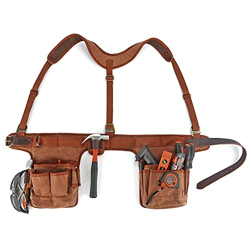 Tool Belt Bag with Suspenders-Carpenter Electrician Padded 5+ Pockets-Small | Heavy Duty Work Belt ,with Hammer Holder, Fit 28-42 inch Waist,Oil-Waxed Canvas, Leather Reinforcement, Multi-purpose Pockets