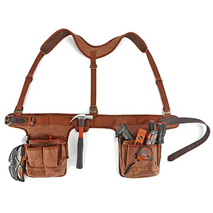 Tool Belt Bag with Suspenders-Carpenter Electrician Padded 5+ Pockets-Small | Heavy Duty Work Belt ,with Hammer Holder, Fit 28-42 inch Waist,Oil-Waxed Canvas, Leather Reinforcement, Multi-purpose Pockets
