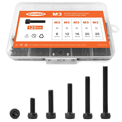 M3 x 8mm 12mm 16mm 20mm 25mm Hex Socket Head Cap Screws Bolts, 12.9 Grade Alloy Steel, Black Oxide Finish, Metric Allen Hex Drive, Machine Fully Threaded, Assortment Kit 125PCS - size: M3 x 8/12/16/20/25mm (125PCS)