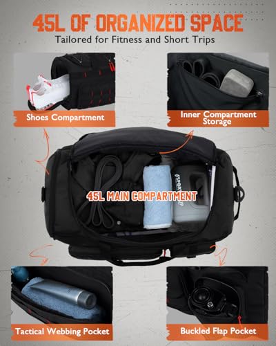 Gonex 45L Tactical Duffel Bag, 3-in-1 Gym & Travel Bag | Shoe compartment, Tactical gear loops, Water-repellent lining, 5 zip pockets, Weekend travel - color: Black with Red Accents, size: 45L