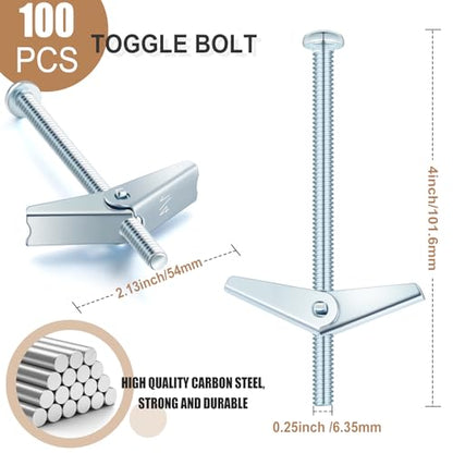 Yaocom 100 Pcs 1/4" x 4" Toggle Bolts Butterfly Screws Anchors Heavy Duty Wall Anchors for Drywall with Wing Nuts for Hanging Heavy Objects on Drywall - size: 1/4" X 4"