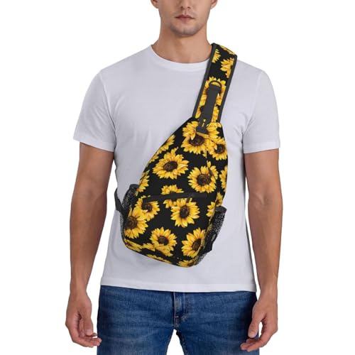 Sunflower Crossbody Sling Bag for Women Men Cute Yellow Flowers on Black Background Travel Sling Backpack Casual Chest Shoulder Bag Lovely Summer Floral Print Gym Sports Hiking Daypack - color: Yellow Black