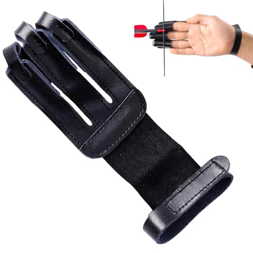 3-Finger Leather Archery Glove, Shooting Finger Guard | Smooth draw feel, reinforced stress zones, lightweight fit, easy on & off, durable wear resistance, fits recurve bow training - color: Black