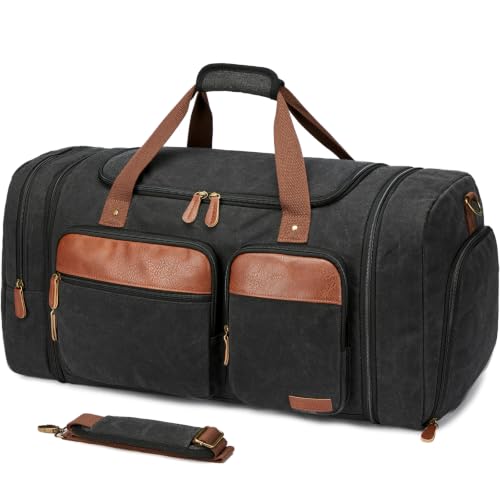 Waxed Canvas Duffle Bag for Travel 65L Expandable, Dark Grey | Travel Duffel Bags for Men Women, Overnight Weekend Gym Bag with Shoes Compartment - color: Waxed Dark Grey, size: Extra Large 65 L