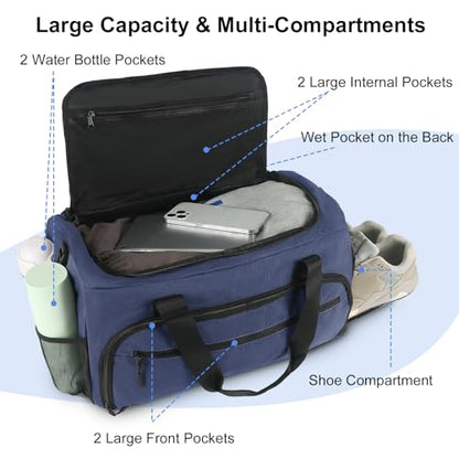 Gym Bag for Men Women, Sports Duffle Bag with Wet Pocket & Shoes Compartment, Water Resistant Overnight Weekender Bag Duffel Bag - color: Blue