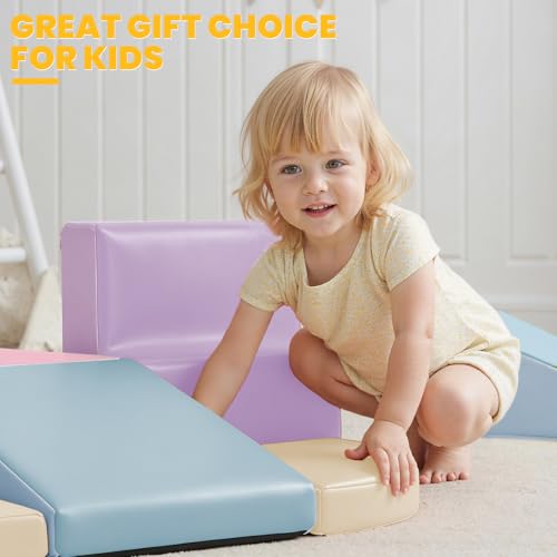 Hoohtoot Foam Climbing Blocks for Kids: 6-Piece Soft PU Leather Set - Indoor Climbing and Crawling Toys Play Gym - Kids Learning Play Structure for Preschool - style: Yellow/Pink
