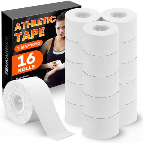 16 Pack Athletic Tape, White Sports Tape for Wrist Ankle Protection, Sports Tape Athletic No Sticky Residue, Easy to Tear Gymnastics Tape for Soccer, Football, Training Supplies (1.5" x 160 Yards) - size: 16P
