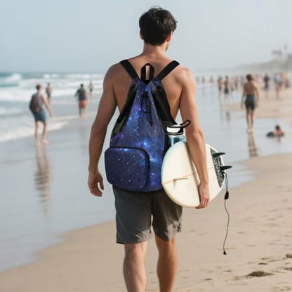 Drawstring Climbing Gym Bag With Pockets Drawstring Backpack with Wet Dry Compartments Blue Purple Galaxy
