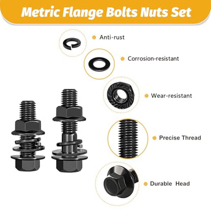Kadrick Metric Flange Bolt Assortment. 300Pcs M6 M8 M10 Bolt Kit,M6 x1.0 M8 x1.25 M10-1.25 (12mm to 35mm) Hex Bolts Nuts and Washers Kit,Black Zinc Plated - size: M6 M8 M10 300Pcs Flange HEX
