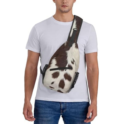 Cow Print Crossbody Sling Bags for Women Men Brown White Cow Fur Texture Animal Skin Print Travel Sling Backpack Casual Chest Shoulder Bag Cute Farmhouse Cowhide Pattern Hiking Daypack - color: White Brown