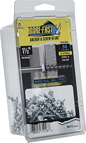 Hillman Borefast Drywall Anchors, 1-1/2in Pan Head, 75 Pack, White | Zinc finish , Phillips pan head self-drills into drywall, wood, and metal studs , Reusable for hanging fixtures - color: White