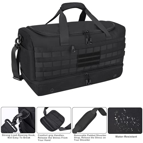 MOZETO Black Duffle Bag for Men, 45L Carry On 22x14x9 Travel Duffle with Shoe Compartment Tactical Inspired Heavy Duty GYM Overnight Bag Wet-Dry Separated Compartment