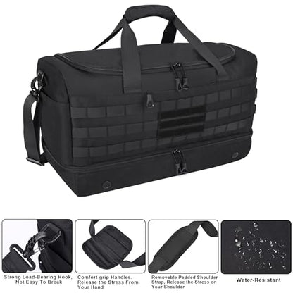 MOZETO Black Duffle Bag for Men, 45L Carry On 22x14x9 Travel Duffle with Shoe Compartment Tactical Inspired Heavy Duty GYM Overnight Bag Wet-Dry Separated Compartment
