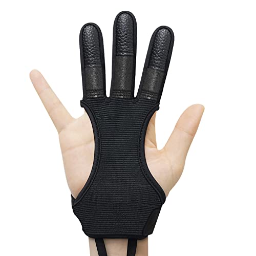 Seektop Archery Gloves Shooting Hunting Leather Three Finger Protector for Youth Adult Beginner - color: Update Black, size: Large
