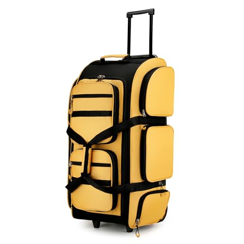 Searock 90L Rolling Duffle Bag with Wheels and Handle, 31” Large Duffle Bag for Travel, Carry On Luggage Duffel Bag with Shoe Compartment, Multi-Pocket, Water Resistant, Yellow - color: Yellow