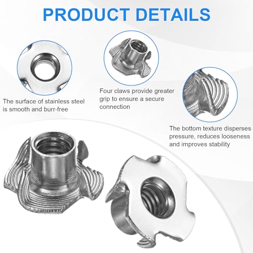 M METERXITY 20-Pack 5/16-UNC T-nut, 7/16" Barrel Length Stainless Steel 4-Pronged Tee Nut Threaded Insert for Wood/Rock Climbing Holds/Furniture, Corrosion Resistant Fasteners - size: 5/16-UNC