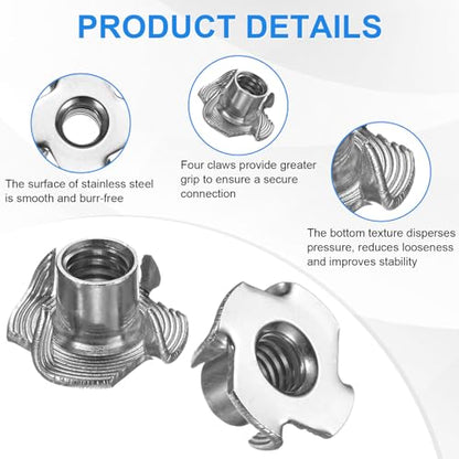 M METERXITY 10-Pack 5/16-UNC T-nut, 3/8" Barrel Length Stainless Steel 4-Pronged Tee Nut Threaded Insert for Wood/Rock Climbing Holds/Furniture, Corrosion Resistant Fasteners - size: 5/16-UNC