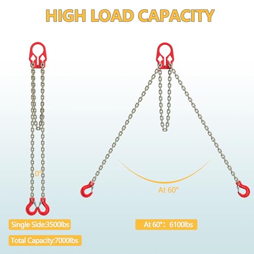 Lifting Chains with Adjuster Hooks, 5/16 Inch x 10 Ft, 7000lbs / 3.18 Tons, Heavy Duty Industrial Chain Slings for Engine Hoist with 2 Legs Grab Hook