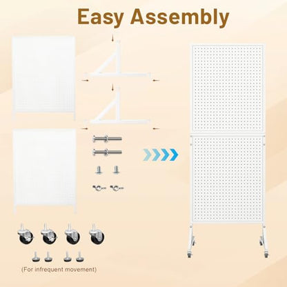 2 x 5.5 FT Metal Pegboard Display Stand with Wheel & Leveling Feet | Peg Board Panels Display Rack with 30 Hooks for Retail Store, Craft Show, Garage, Jewelry Organizer, White - color: White