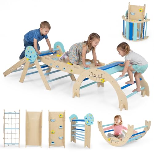 HONEY JOY Pikler Triangle Set, 9 in 1 Foldable Wooden Triangle Climber w/Arch, Ramp, Climbing Rope & Ladder, Baby Indoor Playground Jungle Gym, Montessori Climbing Toy for Toddlers (Blue) - color: Blue