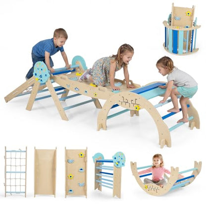 HONEY JOY Pikler Triangle Set, 9 in 1 Foldable Wooden Triangle Climber w/Arch, Ramp, Climbing Rope & Ladder, Baby Indoor Playground Jungle Gym, Montessori Climbing Toy for Toddlers (Blue) - color: Blue