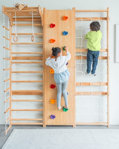 Avenlur Walnut 9-in-1 Swedish Ladder Wall Gym Kids, Indoor Climbing Wall | 2 Heights: 78.8" or 94.5" Montessori Indoor Playground & Jungle Gym, Rock Climbing Wall for Kids, Rope Ladder, Slide, Swing - size: 94.5" Height