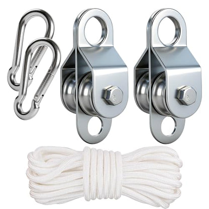 Double Snatch Block and Tackle Pulley System – 32 Ft x 1/4'' Rope and Hook,Cable Pulley for Garage,Attic,Kayak,Bicycle, 150LB Lifting