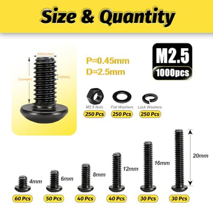 Kadrick Metric Screw Assortment, 1000PCS Metric Bolt Assortment Kit M2.5 Machine Screws with Lock & Flat Washers, Grade 10.9 Alloy Steel Hex Socket Button Head Black Screws Nuts and Bolts Kit - size: M2.5 1000Pcs 4-20mm