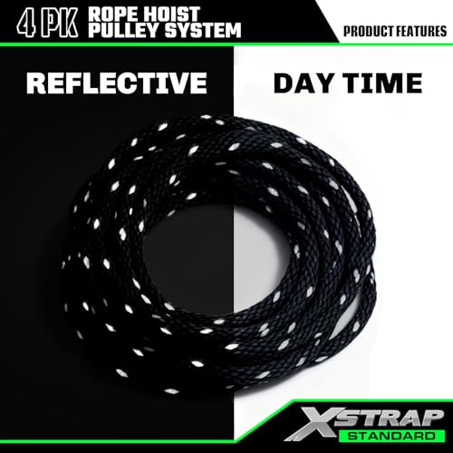 XSTRAP STANDARD Heavy-Duty 50 FT Reflective Rope Hoist Pulley System, Black | Metal Wheels Bearing 2000 LB Breaking Strength Block and Tackle Pulley System for Lifting Heavy Objects, with 2pcs Soft Loops - color: 50ft Black with Reflective Strips