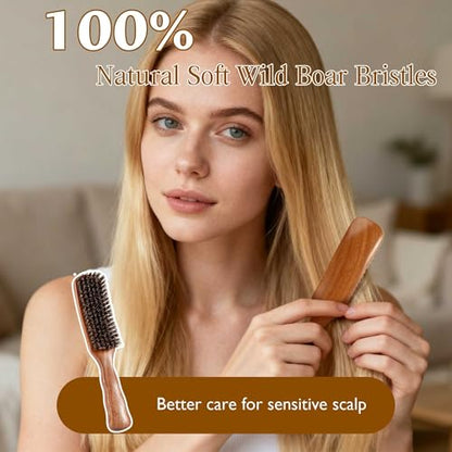 STYLEMATE Wild Boar Bristle Slick Back Hair Brush, Large Soft Bristle Hair Brushes for Thin & Fine Hair, Natural Sapele Wooden Handle Hairbrush for Women Men - size: Large