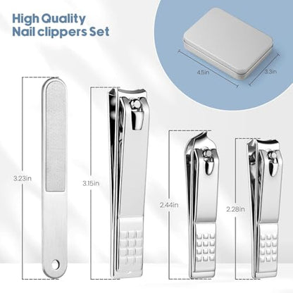 4-Piece Professional Nail Clippers Set with Wide Jaw - Heavy Duty Toenail Clippers for Thick Nails, Fingernail Clippers, Nail File & Cuticle Tool for Men and Women, Travel or Home Use