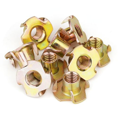 3/8"-16 T-Nuts (45 Pack), Yellow Zinc-Plated Steel Corrosion Resistant T Nut, 7/16" Barrel Length, 4-Pronged Tee Nut for Wood, Rock Climbing Holds, Cabinetry - size: 3/8"-16 45pcs, Yellow